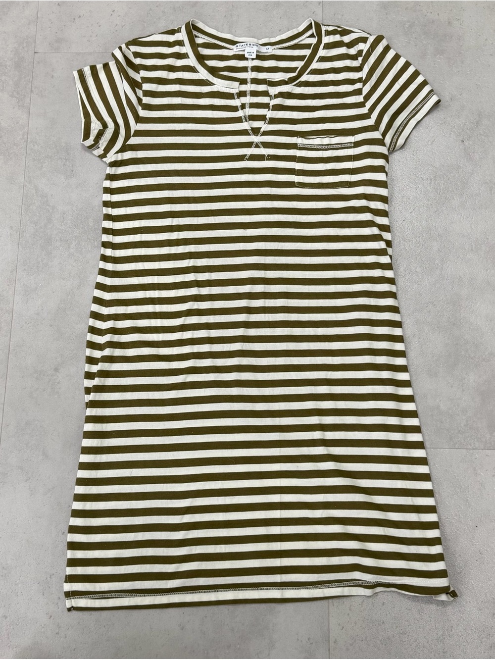 Stateside Spliced Neck Striped T-shirt Dress Sz M Olive Green & White Stripes